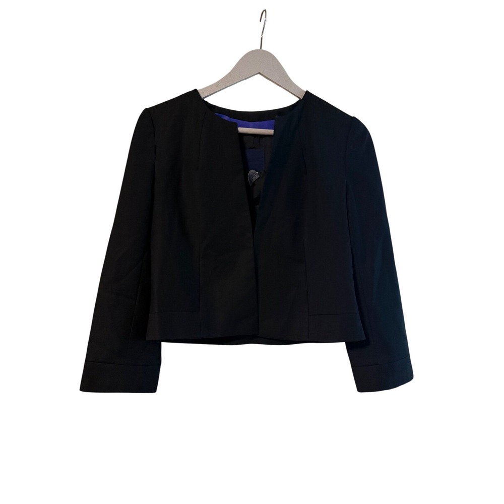 J.Crew Womens Black 100% Wool Silk Trim Cropped Collarless Blazer Jacket Size 2